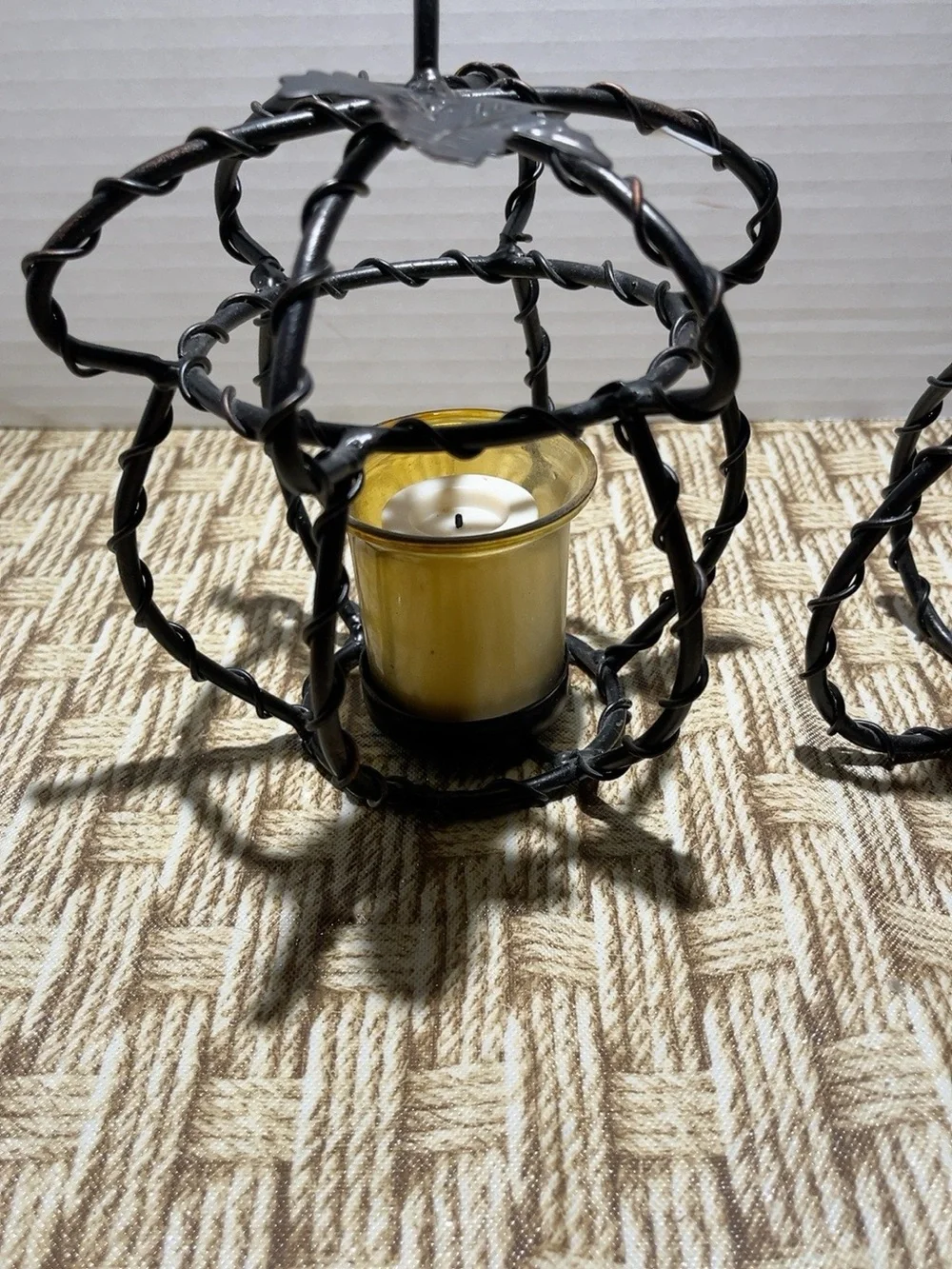 Set of 2 Metal Pumpkin Votive Candle Holders Amber Glass Fall Autumn Decor